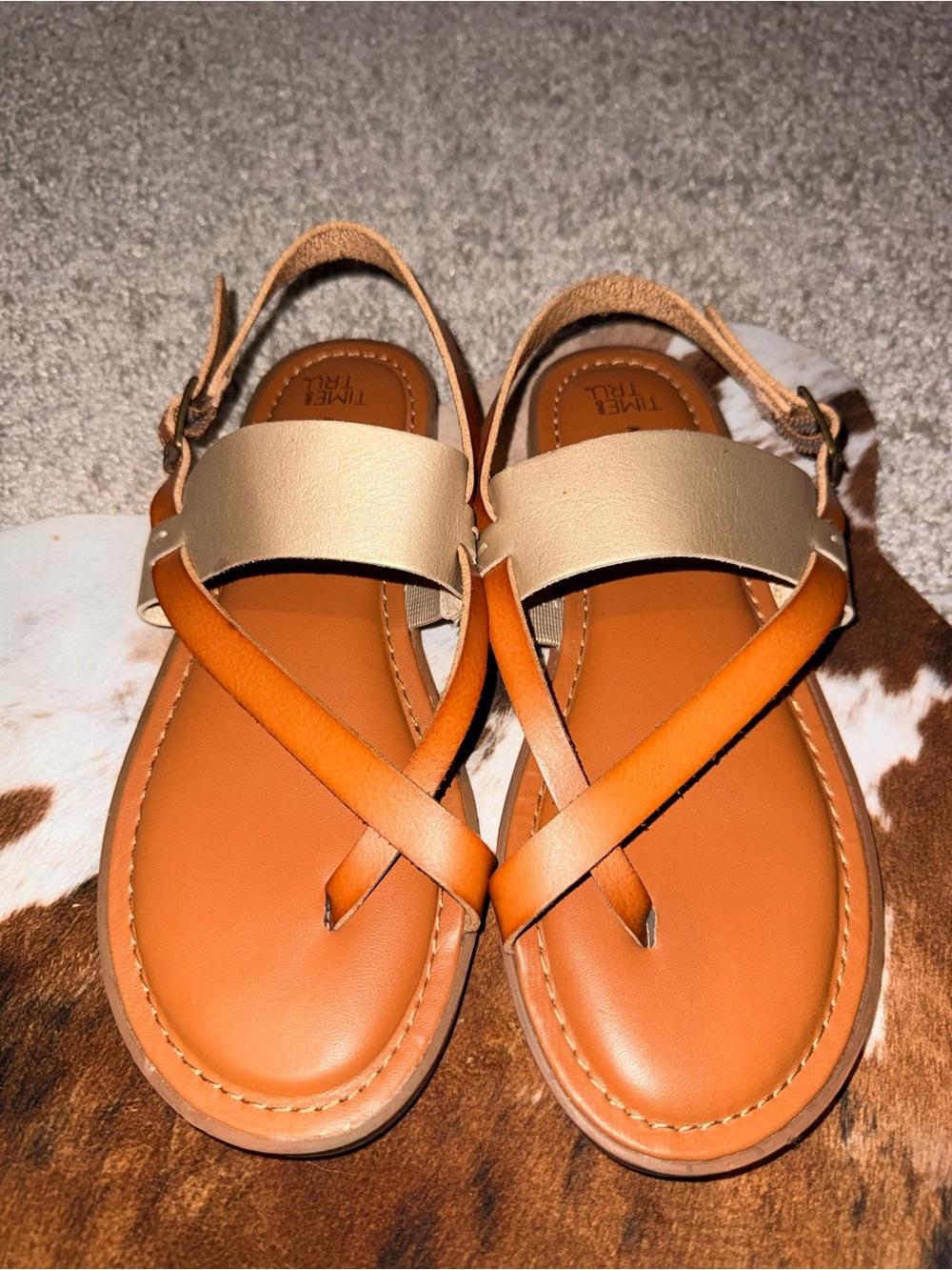 Time and Tru Tan & Beige Leather Cross-Strap Sandals
